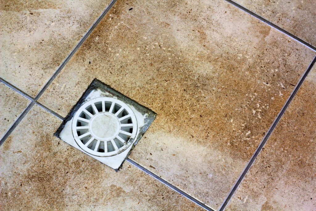 Water drain vent in kitchen, bathroom or basement ceramic tiled old vintage floor
